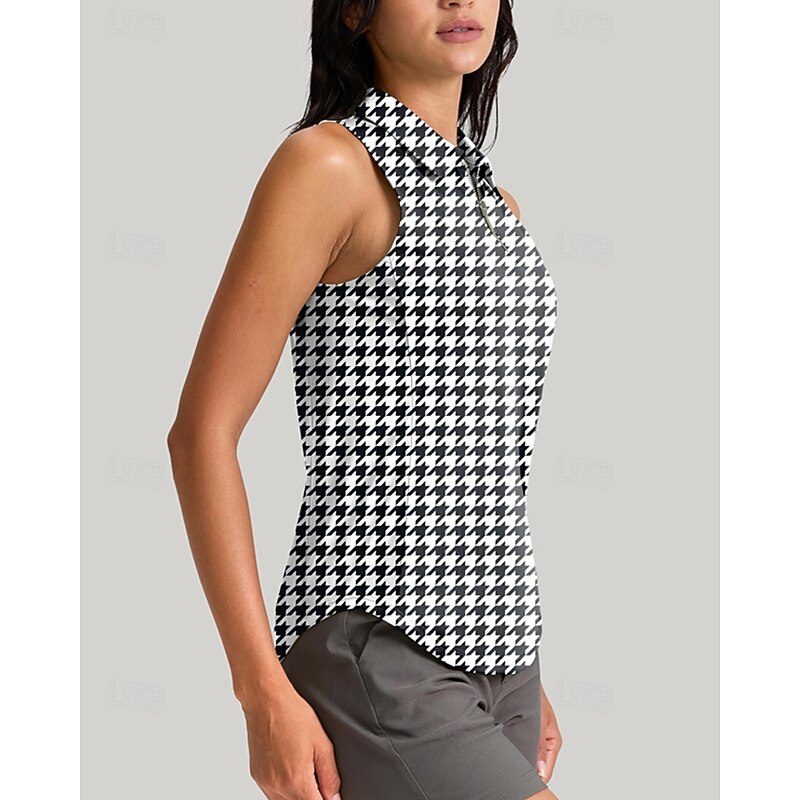 Women's Houndstooth Sport Shirt Golf Polo Shirt Tennis Shirt Sleeveless Zipper High Elasticity Moisture Wicking Breathable Tennis Golf Pickleball Turndown Zip Collar Shirt Top Black Red Blue Tennis2