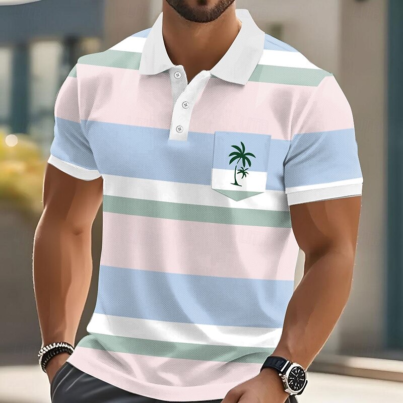 Men's Horizontal Stripes Palm Tree Polo Short Sleeve Polo Shirts Collared Shirts Casual Resort Athleisure Daily Wear Vacation Wear Pocket 3D Print Buttons Summer Yellow Pink Blue