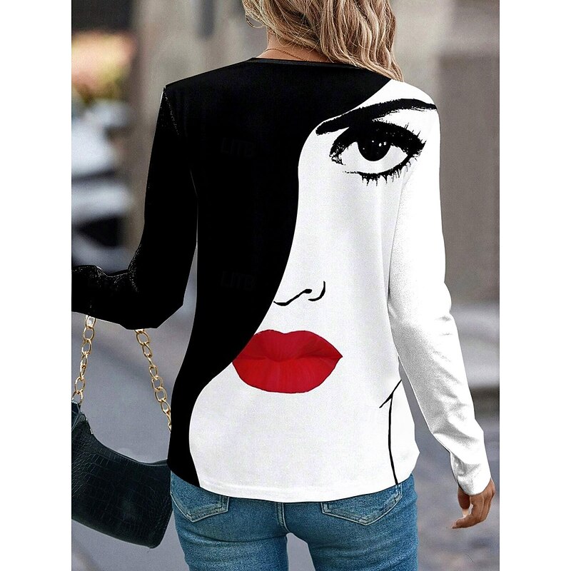 Women's T shirt Long Sleeve Crew Neck Long Sleeve Tunic Graphic Abstract Vintage Stylish Classic Regular Tops Daily Weekend Print White  Prefall2