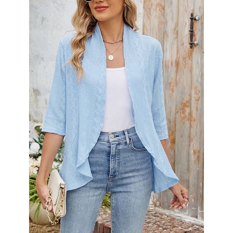 Women's Casual Jacket Breathable Comfortable Ruffle Casual Plain Vacation Street Casual Daily Wear Open Front Regular Collarless Regular Fit 3/4 Length Sleeve Outerwear Black White Pink Summer Spring2