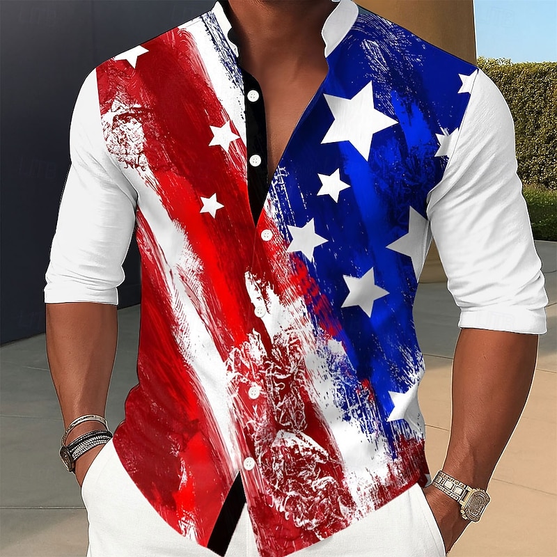 Independence Day Men's US Flag Patriotic Fourth of July Shirt Stand Collar Shirt Casual Dress Shirt Long Sleeve Casual Holiday Summer Spring Mandarin Collar Band Collar 3D Print Button Up Shirts3