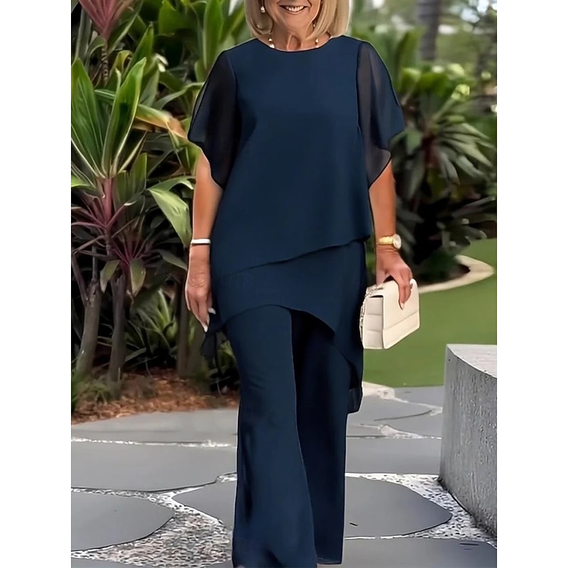 Women's Elegant Fashion Streetwear Pants Sets Short Sleeve Crew Neck Solid Color Layered Casual Daily Navy Blue Spring Regular Fit