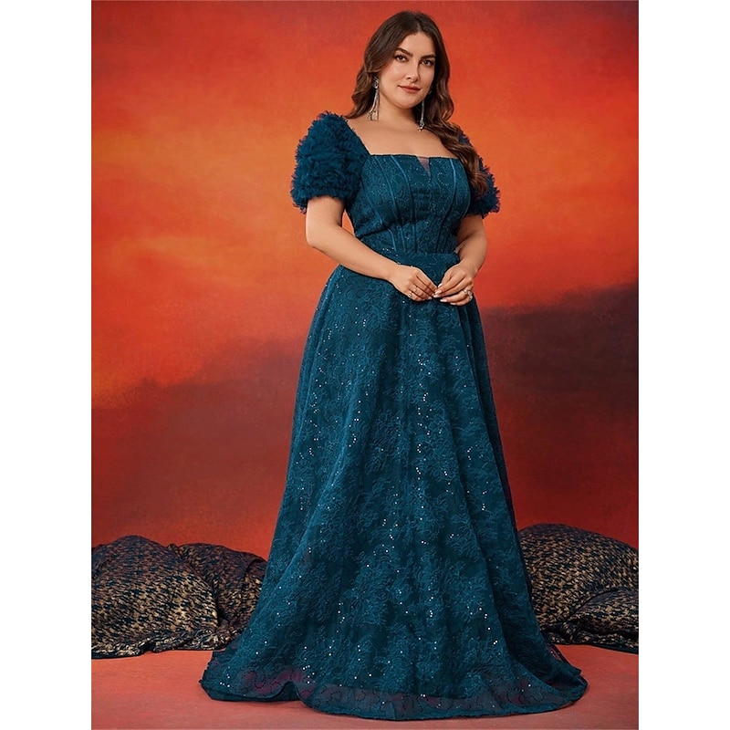 A-Line Plus Size Dresses Elegant Curve Dress Formal Wedding Floor Length Short Sleeve Square Neck Lace with Pleats4
