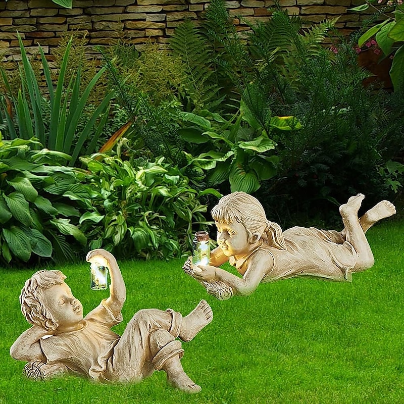 1 Pc Outdoor Solar Landscape Lights Lying Boy Lying Down Girl Glowing Firefly Countryside Courtyard Garden Path Lawn Ornament Light2