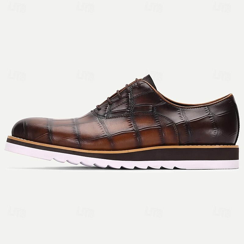 Men's Brown Genuine Cowhide Leather Crocodile-Pattern Dress Shoes – Classy Lace-Up Shoes for Business, Work and Evening Events3