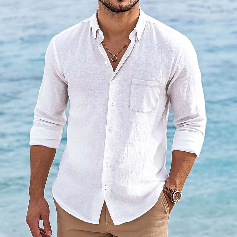 Men's Shirt Linen Shirt Summer Shirt Button Down Shirt Beach Shirt Solid Color Vacation Holiday White Pink Green Light Blue Long Sleeve Lapel Clothing Apparel Buttons2