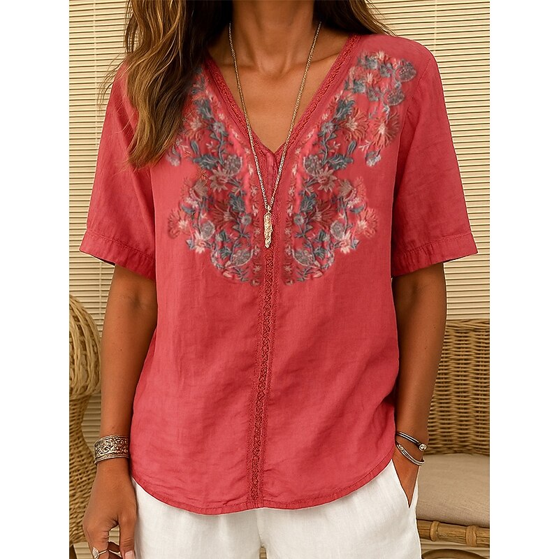 Women's Cotton Linen Shirt embroidery Plants Elegant Vintage Fashion Short Sleeve V Neck Regular Tops Daily Going out Weekend Embroidered Red Navy Blue Light Brown Summer Spring