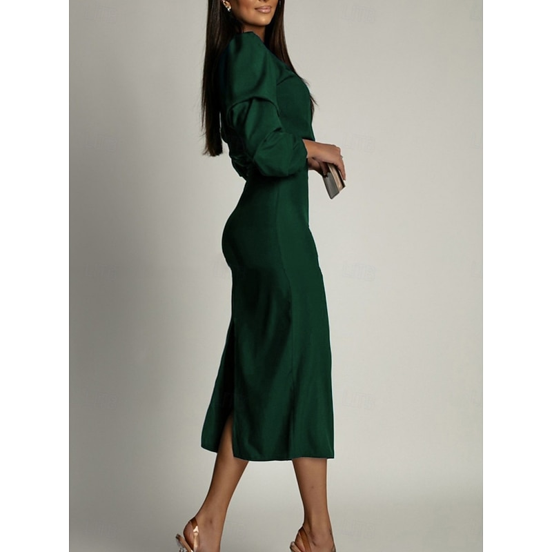 Women's Midi Dress Bodycon Dress Work Dresses Semi Formal Office Regular  Fit Plain Long Sleeve V Neck Black Green Summer - Product Details