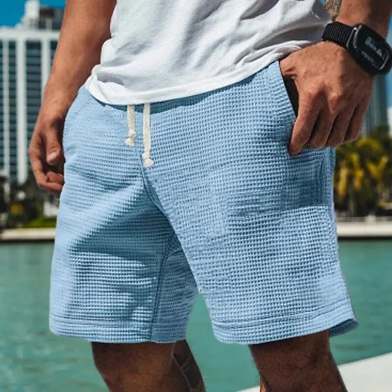 Men's Waffle Shorts Sweat Shorts Shorts Bermuda shorts Beach Shorts Elastic Waist Drawstring Plain Comfort Sports Knee Length Outdoor Daily Vacation Classic Style White Blue Micro-elastic