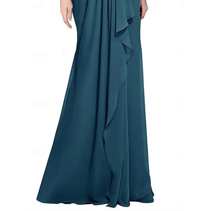 A-Line Mother of the Bride Dress Elegant V Neck Floor Length Chiffon 3/4 Length Sleeve with Pleats2