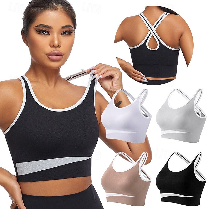 Women's Yoga Bra Sports Bra Pilates Bra Bra Top Push Up Seamless Anti-vibration Wireless Color Block Sport Activewear Black Purple Gym Zumba Running