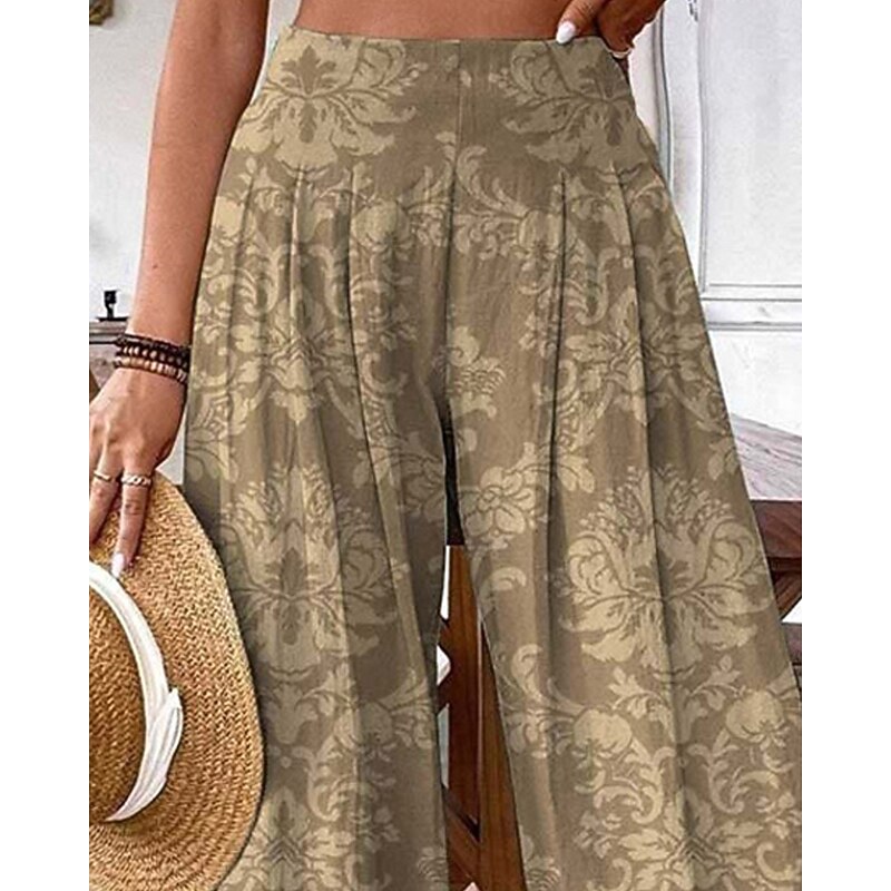 Women's Pants Trousers Palazzo Pants Fashion Boho Full Length High Waist Floral Elastic Waist Comfy Comfortable Micro-elastic Street Daily Wear Going out Khaki Summer Spring Regular Fit2