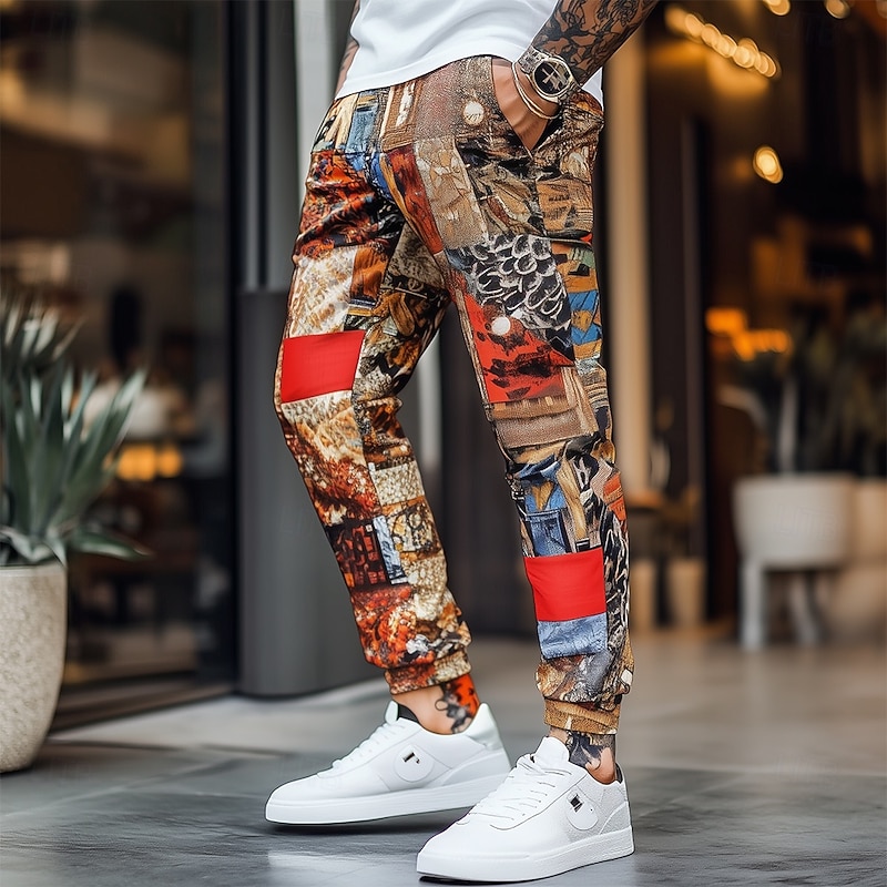 Men's Color Block Patchwork Sweatpants Joggers Workout Pants Drawstring Elastic Waist Vintage Retro Dailywear Running Jogging Athletic Sweatpants with Pockets Spring Fall Winter 3D Print Brown
