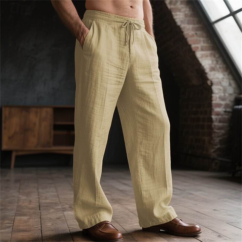 Men's Linen Pants Trousers Drawstring Pocket Elastic Waist Plain Comfort Breathable Daily Basic Black White4