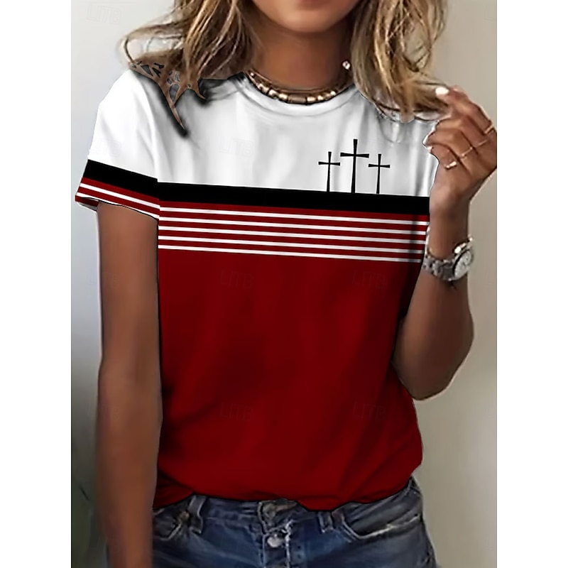 Women's T Shirt Graphic Striped Vintage Stylish Classic Short Sleeve Crew Neck Regular Tops Daily Weekend Print Red Blue Brown Summer Spring