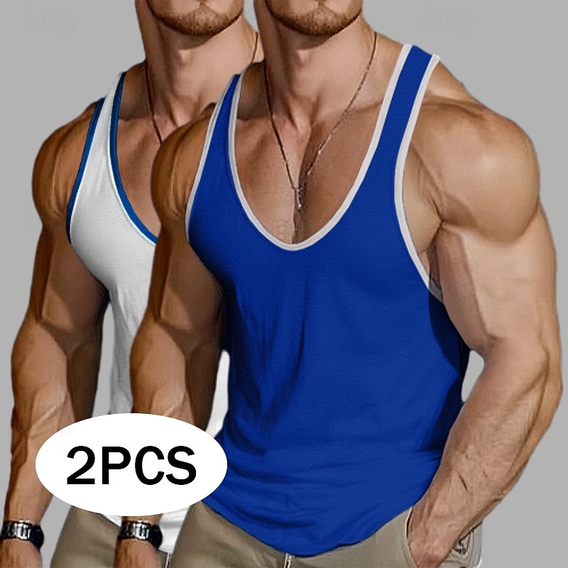 Men's Tank Top Vest Undershirt Sleeveless Shirt Sleeveless Deep V Scoop Neck Summer Color Block Plain Fashion Sporty Classic 2 Pack Street Casual Sports Green & White Gray+White Black+Gray Top Tee