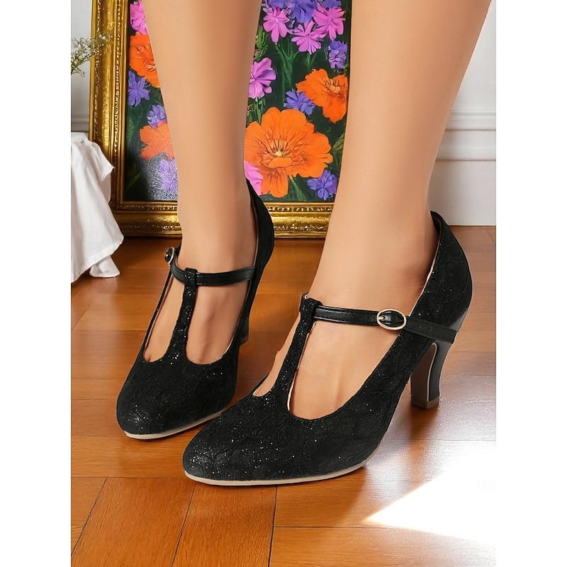 Women's Ivory Lace T-Strap Mid Heel Pumps-1920s Vintage Gatsby Flapper Bridal Wedding Shoes for Brides and Formal Occasions