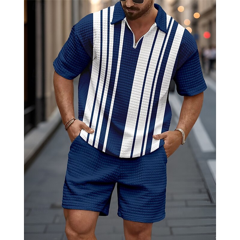 Men's Polo Shirts Zip Polo Outdoor Daily Wear Lapel Short Sleeve Fashion Hawaiian Color Block Stripes Zipper Summer Regular Fit White Pink Royal Blue Blue Polo Shirts2