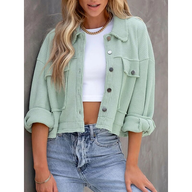 Women's Casual Jacket Comfortable Breathable Pocket Buttons Casual Plain Vacation Street Casual Daily Wear Single Breasted Short Turndown Regular Fit Long Sleeve Outerwear Black White Green Spring3
