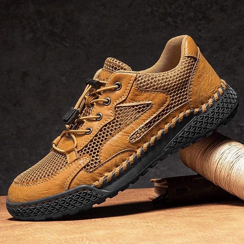 Men's Tan Breathable Mesh Sneakers with Lace-up Design, Comfortable Fit and Durable Rubber Sole for Everyday Wear, Running and Active Lifestyles