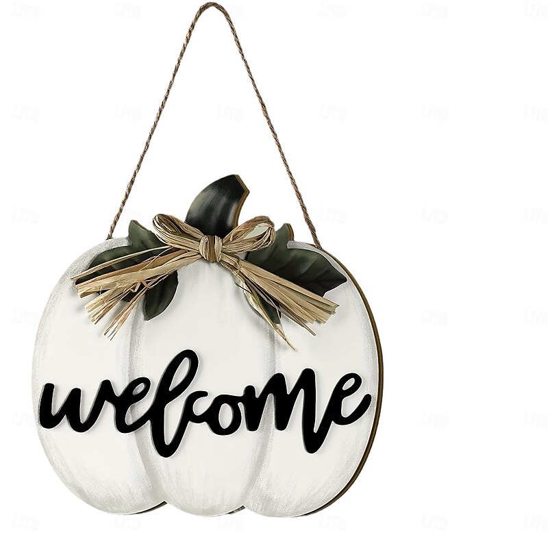 Fall Welcome Wood Door Hanger,Halloween Thanksgiving Pumpkin 3D Plaid Front Door Sign, Rustic Hanging Porch Wreath Autumn Home Decor3
