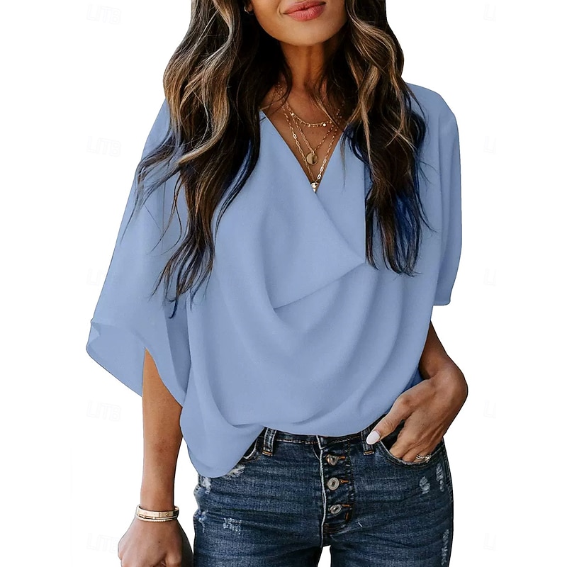 Women's Summer Tops Solid Color Plain Daily Stylish Casual Half Sleeve V Neck Regular Tops Work Daily Holiday Ruched Draped Black White Pink Blue Purple Summer Spring Fall4