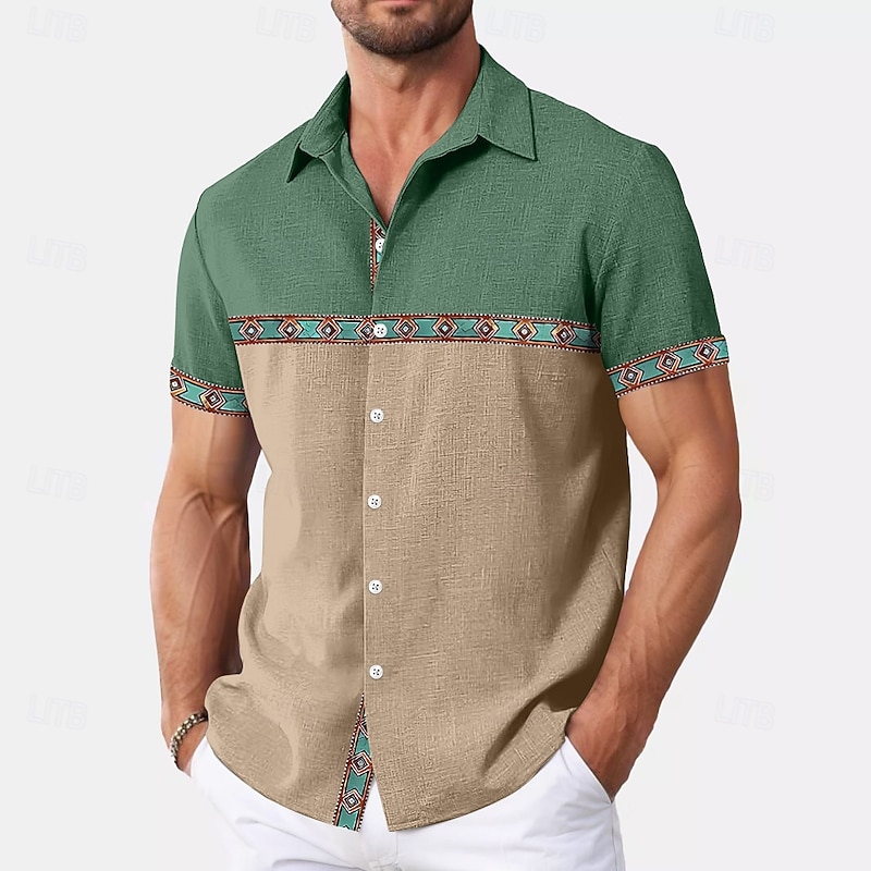 Men's Shirt Linen Shirt Summer Shirt Beach Wear Plain Vacation Casual Navy Blue Brown Khaki Army Green Short Sleeve Lapel Summer Spring & Summer Clothing Apparel Color Block