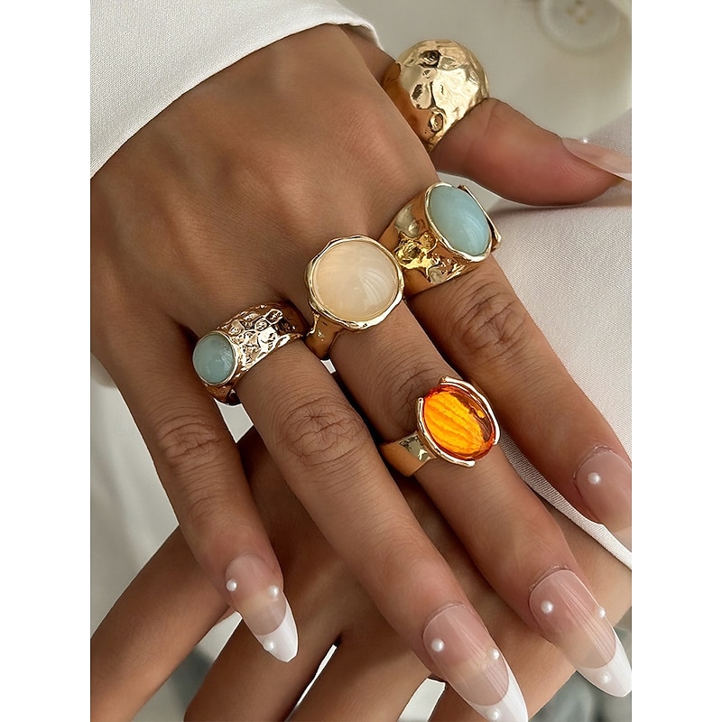 Women's Gold Vintage Gemstone Ring Set - Multi-piece set of statement chunky rings with hammered texture and colorful resin gemstones, Suitable for office,, Vintage fashion, Party and daily style2