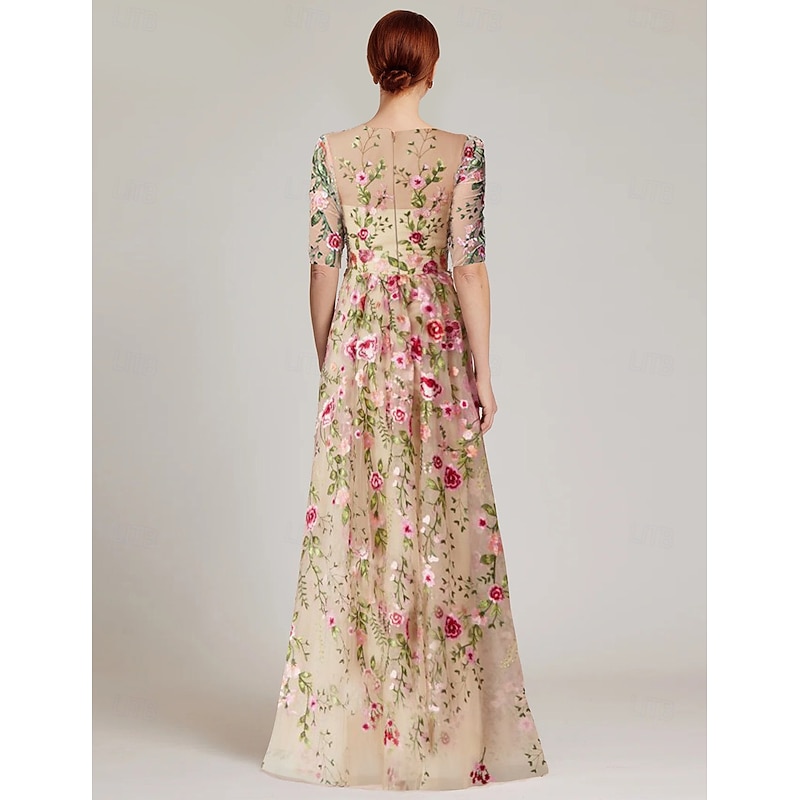 Floral Embroidered A-Line Mother of the Bride Dress Formal Elegant Vintage Illusion Neck Floor Length Tulle Half Sleeve with Appliques Flower2