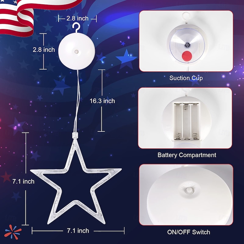 3 Pcs Patriotic Hanging Lights July 4th Independence Day Red, White, Blue Pentagram Suction Cup Window Light AAA Battery Box Party Patriotic Atmosphere Decorative Light American Flag4