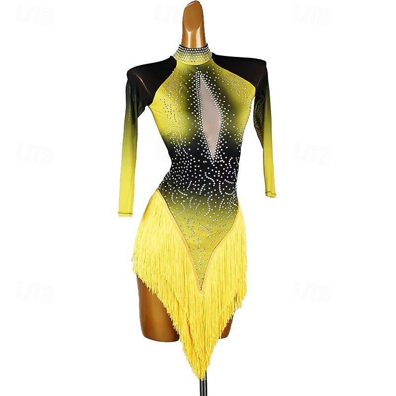 Latin Salsa Dance Dress Tassel Splicing Crystals / Rhinestones Women's Performance Training Long Sleeve Chinlon Mesh Spandex3