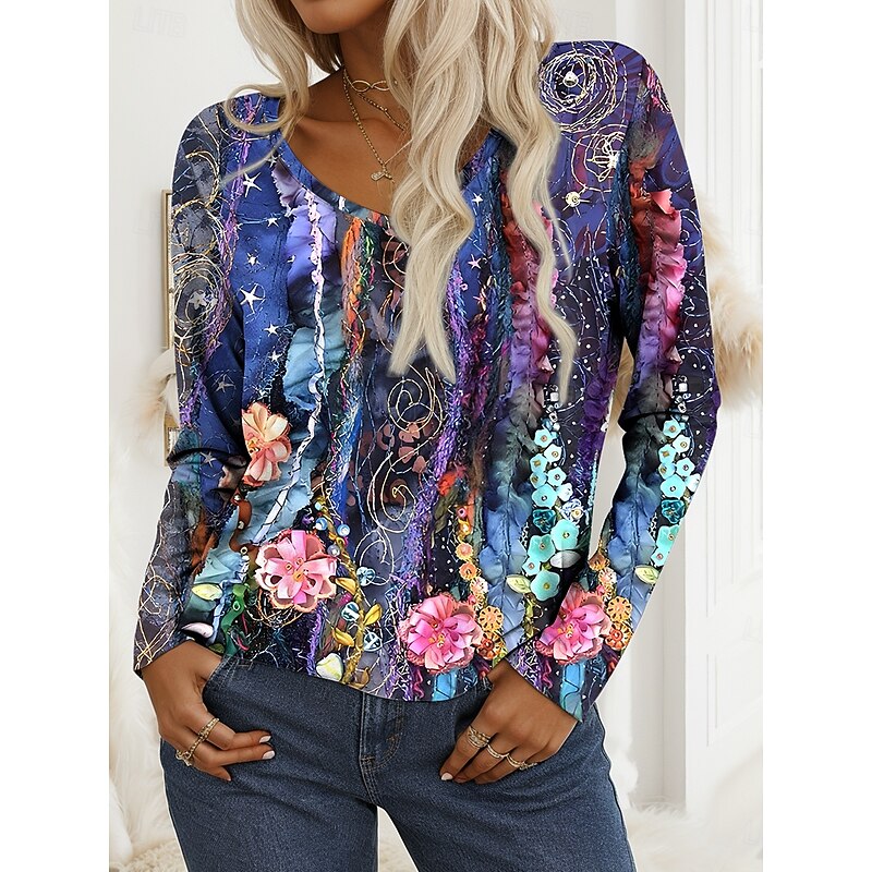 Women's T Shirt V Neck Long Sleeve Tunic Floral Graphic Plants Vintage Stylish Casual Regular Tops Daily Weekend Print Pink Blue Orange Spring Fall3