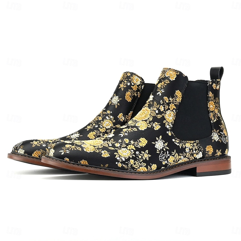 Men's Black Floral Print Chelsea Boots – Unique Slip-On Design with Vibrant Floral Pattern, Ideal for Fashion Events and Special Occasions2