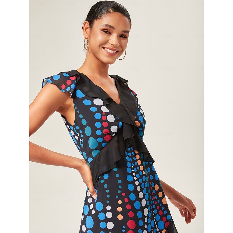 Colorblock Polka Dot Chiffon Ruffle Maxi Dress4