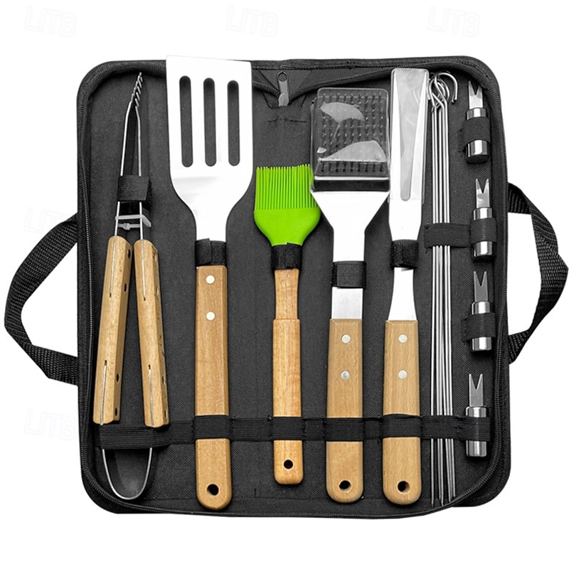 Camping BBQ Tools Set with Wood Handle Fork, Spatula, Tongs Stainless Steel Grill Accessories, Portable Carry Bag for Outdoor Camping, Picnic, Tailgate