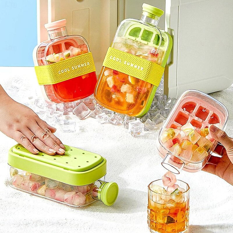 Ice Cube Bottle with Straw for Cool Summer, My Crush Cup Ice Cube Trays for Water Bottles, 2 in 1 Portable Touch-Free Ice Maker Kettle with Lid and Bin for Quick Ice Making2