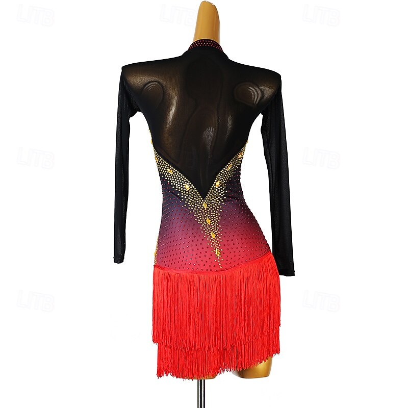 Latin Dance Dress Tassel Rhinestones Women's Performance Long Sleeve Salsa Competition Dresses Rumba Dancewear Clothes3