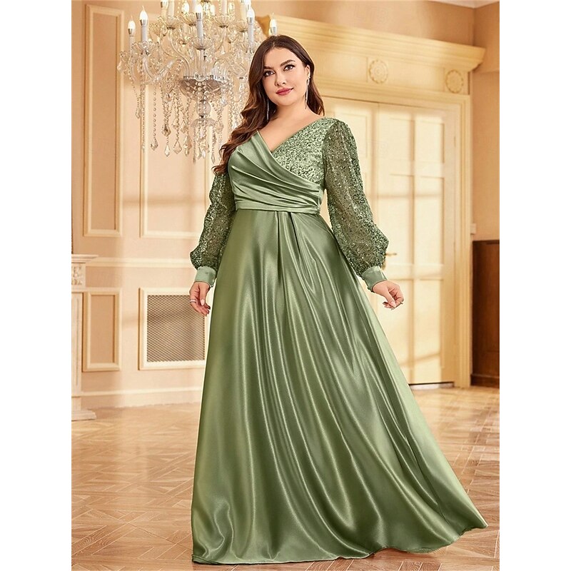 A-Line Plus Size Dresses Elegant Curve Dress Formal Wedding Floor Length Long Sleeve V Neck Polyester with Pleats2