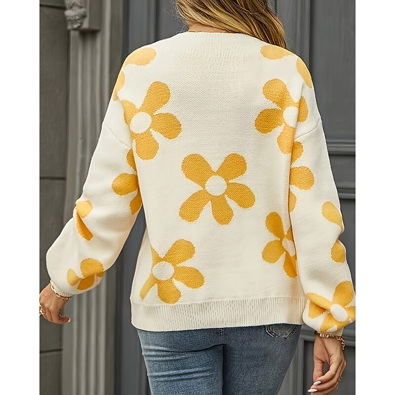 Women's Sweater Casual Soft Floral Ribbed Crew Neck Knitted Print Long Sleeve Regular Tops Knit Outdoor Daily Holiday Pink Fuchsia Fall Winter4