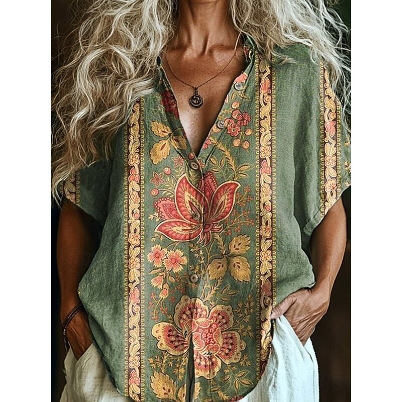 Women's Shirt Long Sleeve Button Down Blouse Floral Graphic Bohemia Vintage Tropical Short Sleeve Shirt Collar Regular Tops Daily Pink Red Light Brown Orange Green Summer Spring
