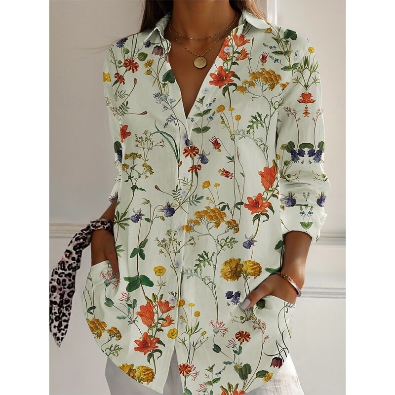 Women's Shirt Floral Active Daily Stylish Long Sleeve Shirt Collar Regular Tops Daily Holiday Buttons Print White Pink Navy Blue Blue Green Spring Fall4