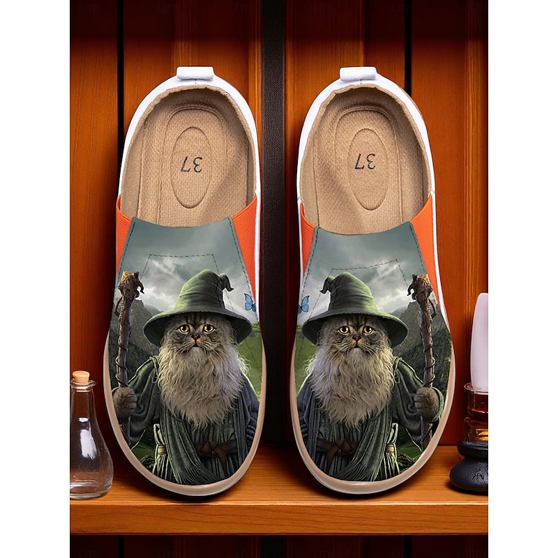 Women's Halloween Cat Print Travel Shoes – Comfortable Slip-On Casual Flats for Walking & Vacation, Lightweight Witch-Themed Footwear for Fall & Holiday Outfits Vincent Hie4