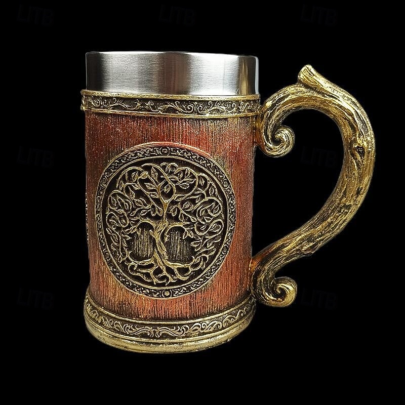 Medieval Tree of Life Beer Mug Oktoberfest Gift Mug with Stainless Steel Liner, Mythical World Tree Tankard, Unique Viking Style Stein Coffee Mug2