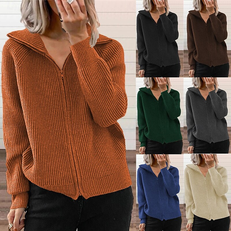 Women's Sweater Cardigan Elegant Fashion Streetwear Pure Color Shirt Collar Zipper Knitted Long Sleeve Regular Tops Knit Outdoor Daily Weekend Black Blue Fall Winter