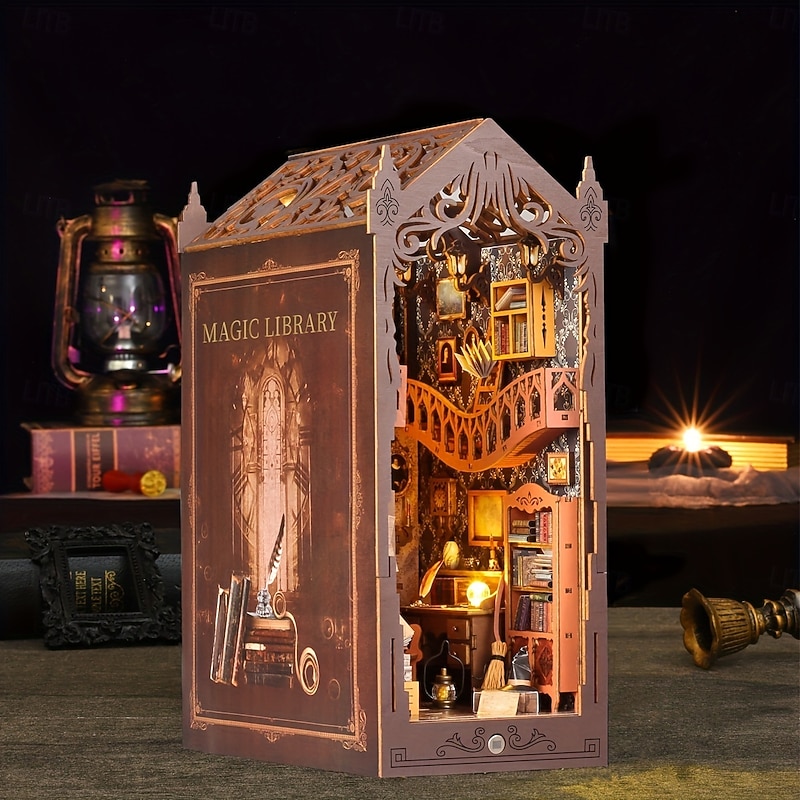1pc Rustic Wooden Magic Library Book Nook Shelf Insert DIY Dollhouse Kit With Furniture Artisan Craft 3D Puzzle Home Bedroom Decor Induction Lighting 10.82 Height Boys Easter/Birthday Gift4