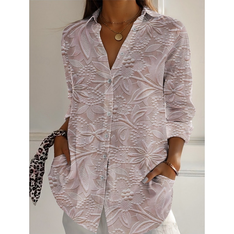 Women's Shirt Floral Active Daily Stylish Long Sleeve Shirt Collar Regular Tops Daily Holiday Buttons Print Pink Blue Khaki Spring Fall2