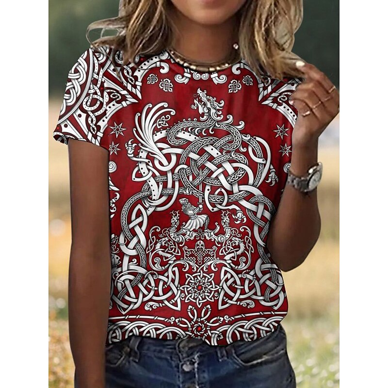 Women's T Shirt Graphic Paisley Plants Elegant Casual Short Sleeve Crew Neck Round Neck Regular Tops Daily Print Black White Khaki Summer2