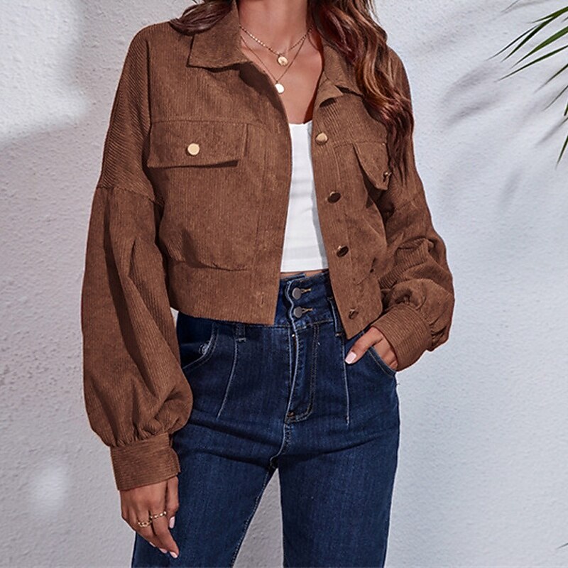 Women's Casual Jacket Warm Comfortable Pocket Corduroy Fashion Outdoor Plain Going out Weekend Short Turndown Regular Fit Long Sleeve Outerwear Black Purple Brown Fall Winter2