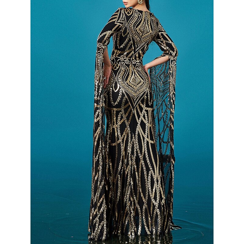 Black and Gold Mermaid / Trumpet Evening Gown Elegant Dress Formal Wedding Floor Length Long Sleeve Crew Neck Sequined Lace4