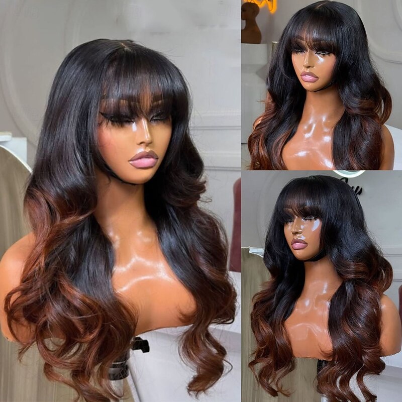Human Hair 5x5 Closure 13x4 Lace Front Wig With Bangs Brazilian Hair Wavy Brown Multi-color Wig 130% 150% Density Ombre Hair 100% Virgin Glueless Pre-Plucked For Women Long Human Hair Lace Wig